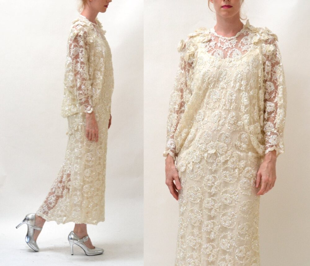 80S Does 20S Vintage Lace Dress Medium Large Cream Off White// Sequin Wedding Long Sleeves Flapper Inspired Metallic Gown