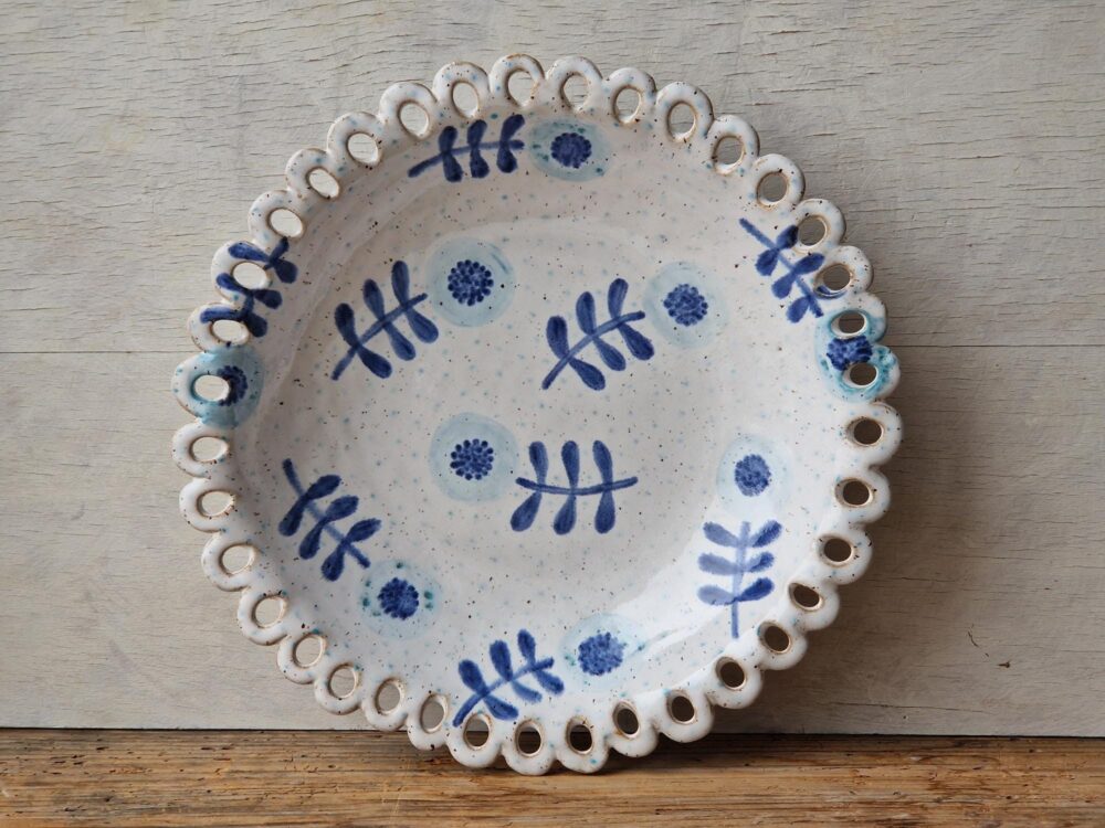 Large Serving Dish With Scalloped Rim, Ceramic Fruit Bowl, Salad Blue & White Pottery, Wedding Gift