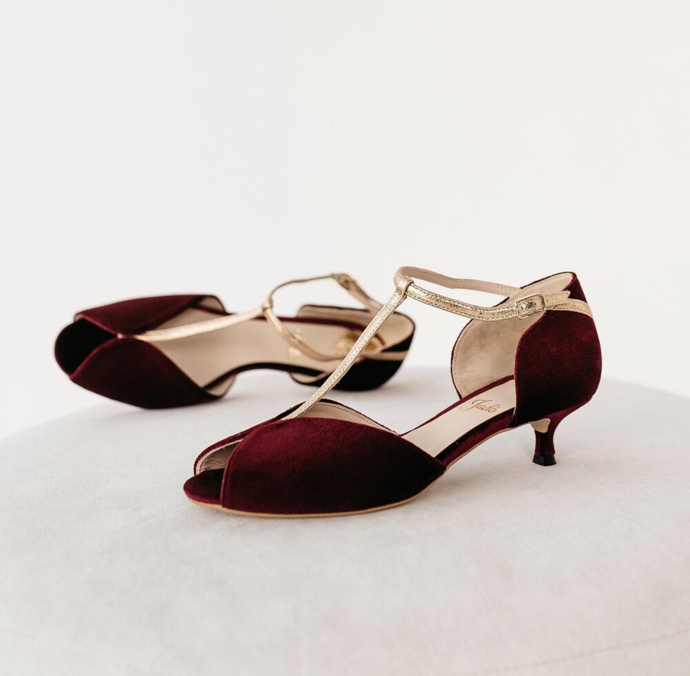 Dark Red Bridal Shoes With Golden T-Strap, Vintage Wedding Heels Low Pointy Kitten Heel & Peep Toe, Retro Ankle Strap