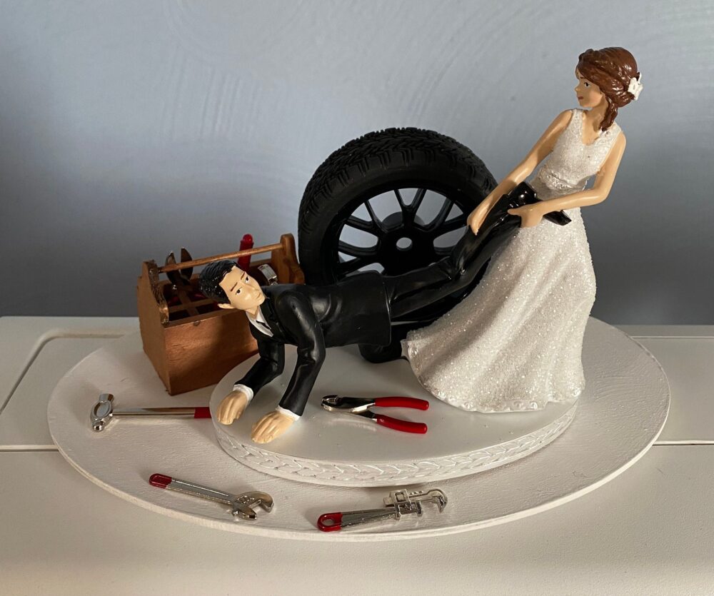 Cake Topper Wedding Day Reception Bride Groom Funny Auto Mechanic Grease Monkey Themed Automotive Garage Shop Tools Hair Done Free