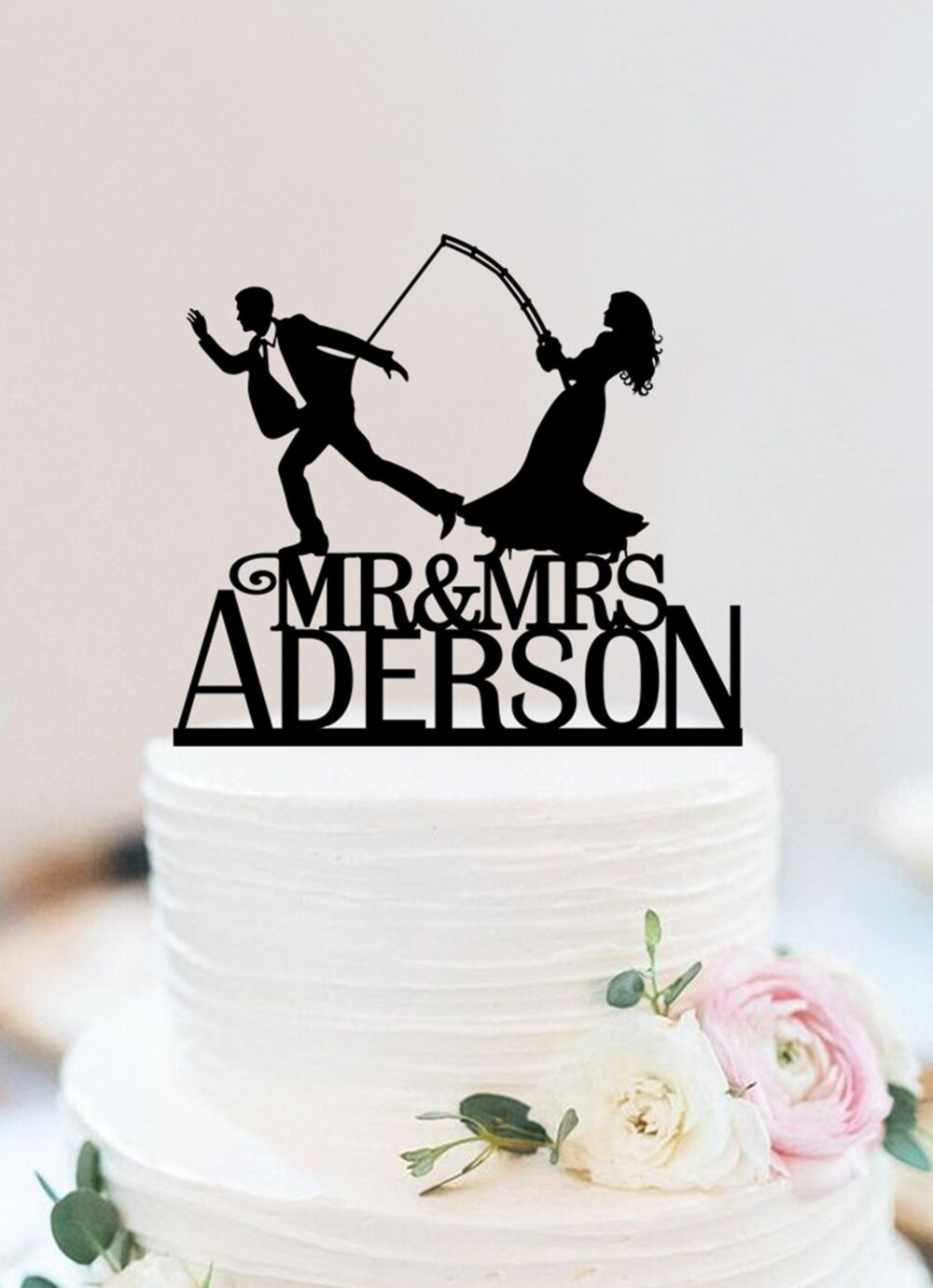 Fishing Wedding Cake Topper | Bride Groom Funny Mr & Mrs Custom Silhouette Decoration W044