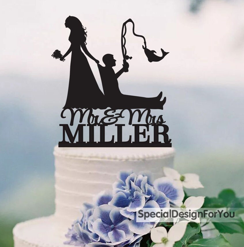 Bride Pulling Groom, Dragging Funny Cake Topper, Custom Fishing Topper, Mr & Mrs Outdoor Wedding, C191