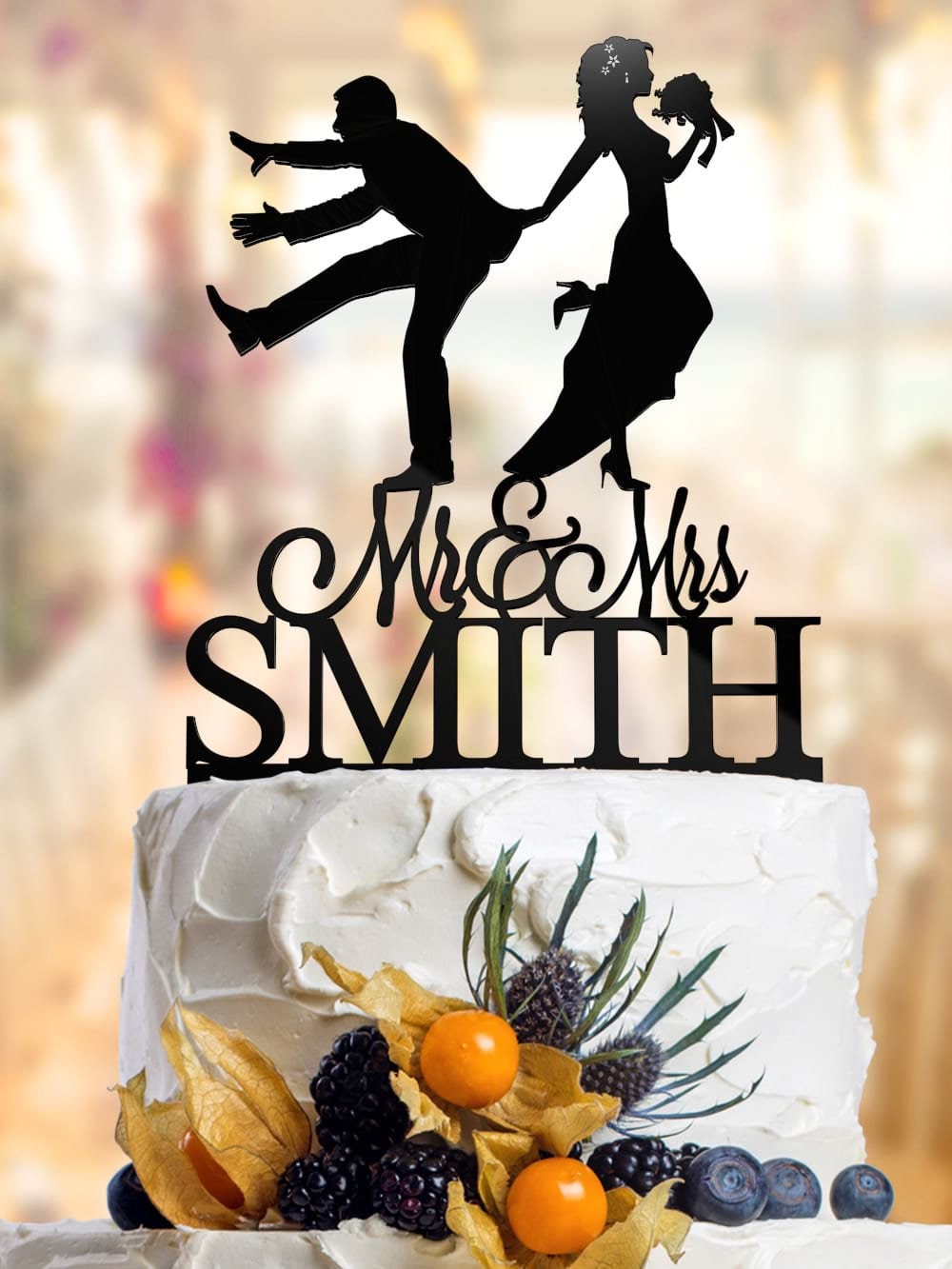 Funny Bride Pulling Groom Wedding Cake Topper Silhouette Couple