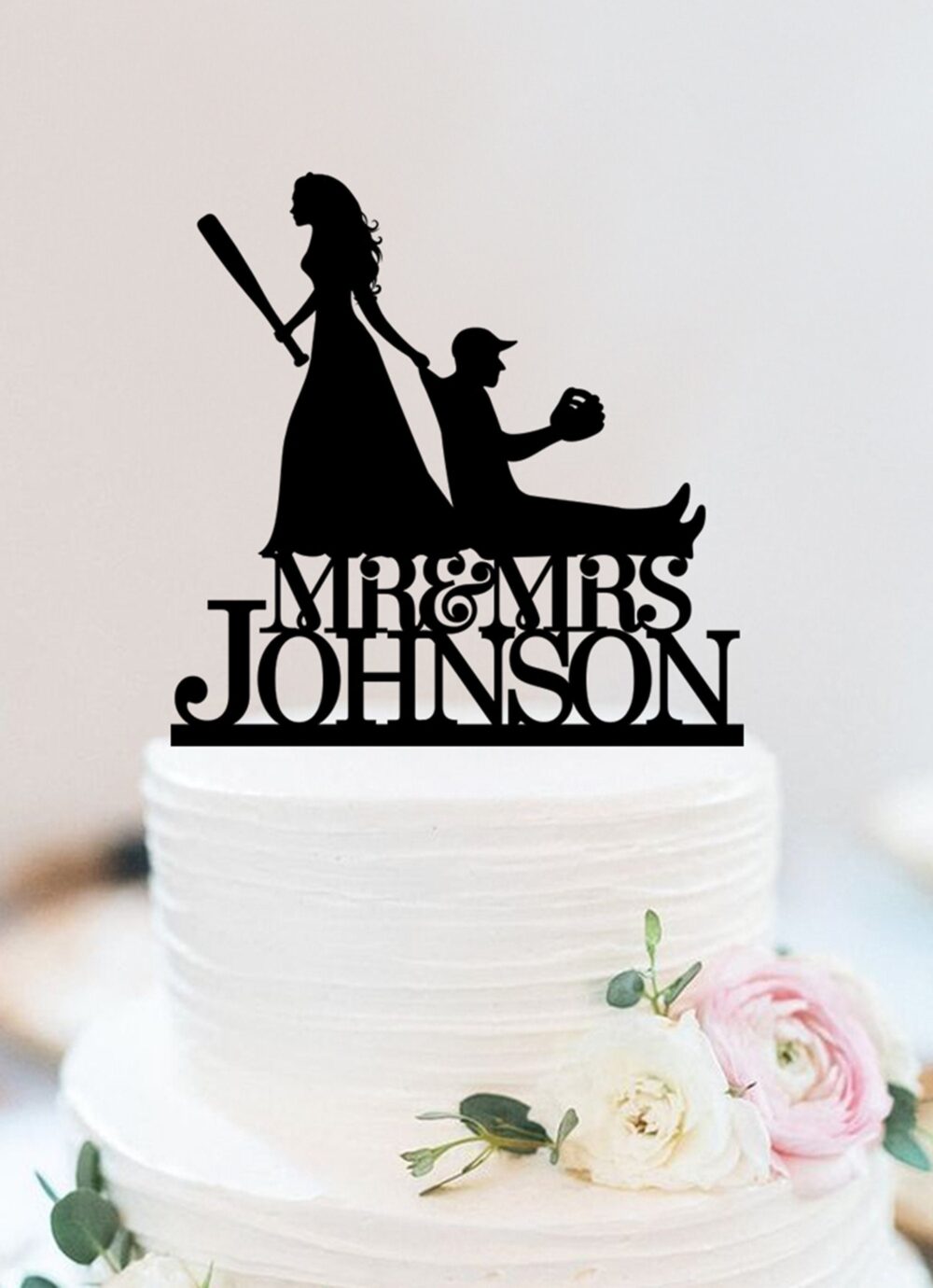 Funny Cake Topper, Bride & Groom Wedding Topper, Baseball Dragging Play Baseball Groom, Mr Mrs Topper W038