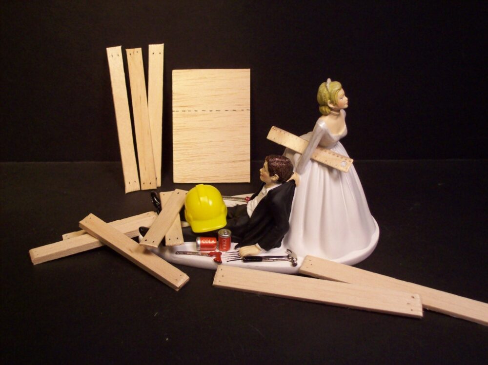 No Construction Work Wedding Bride & Groom Funny Cake Topper Wood