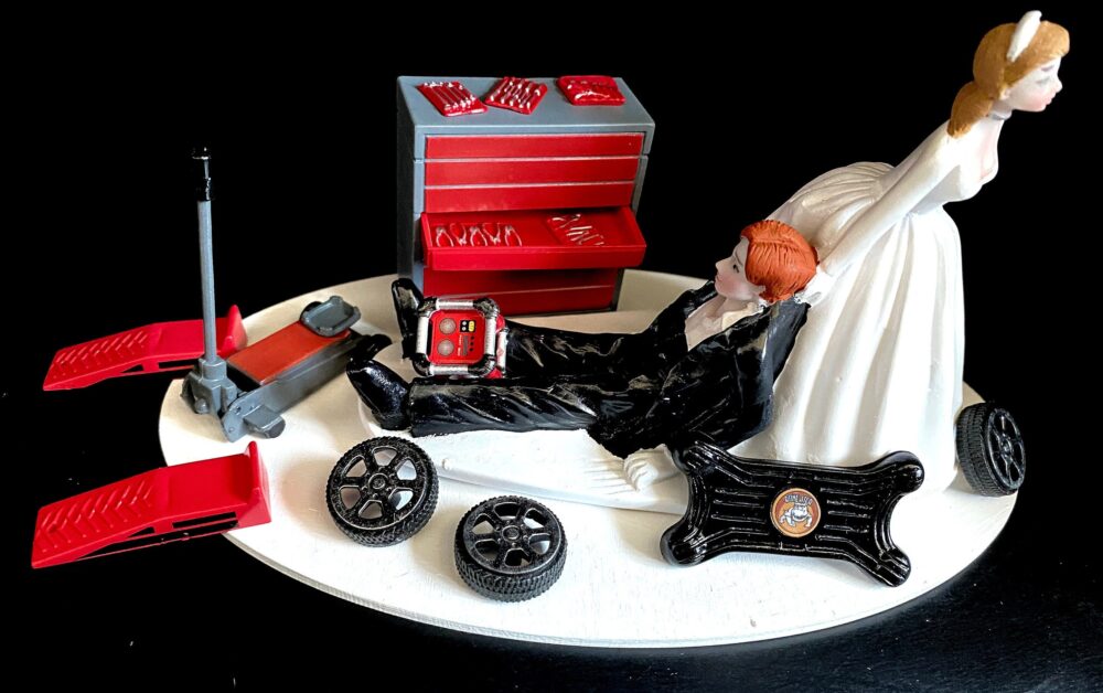 Cake Topper Wedding Day Reception Bride Groom Funny Auto Mechanic Grease Monkey Themed Automotive Garage Shop Tools Grooms Rehearsal