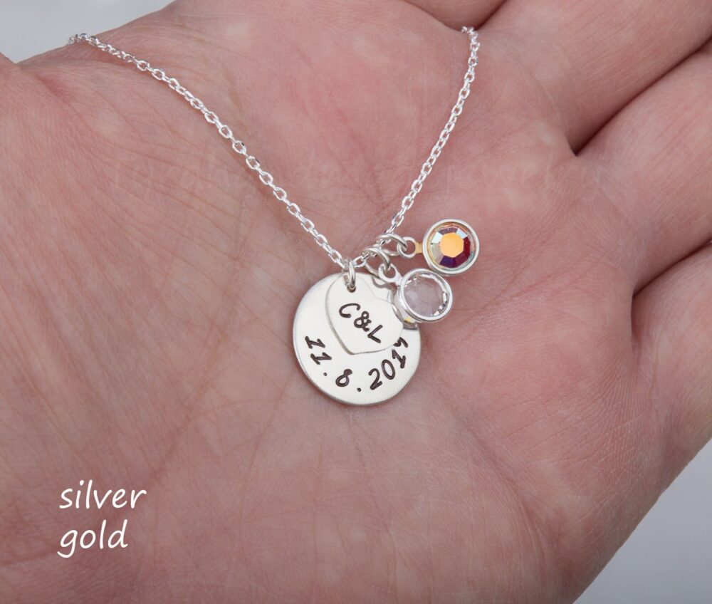Wedding Date Couple Initial Necklace, Wedding Necklace, Initial Necklace, Gemstone Necklace, Anniversary Gift, Birthday Gift, Graduation Gift
