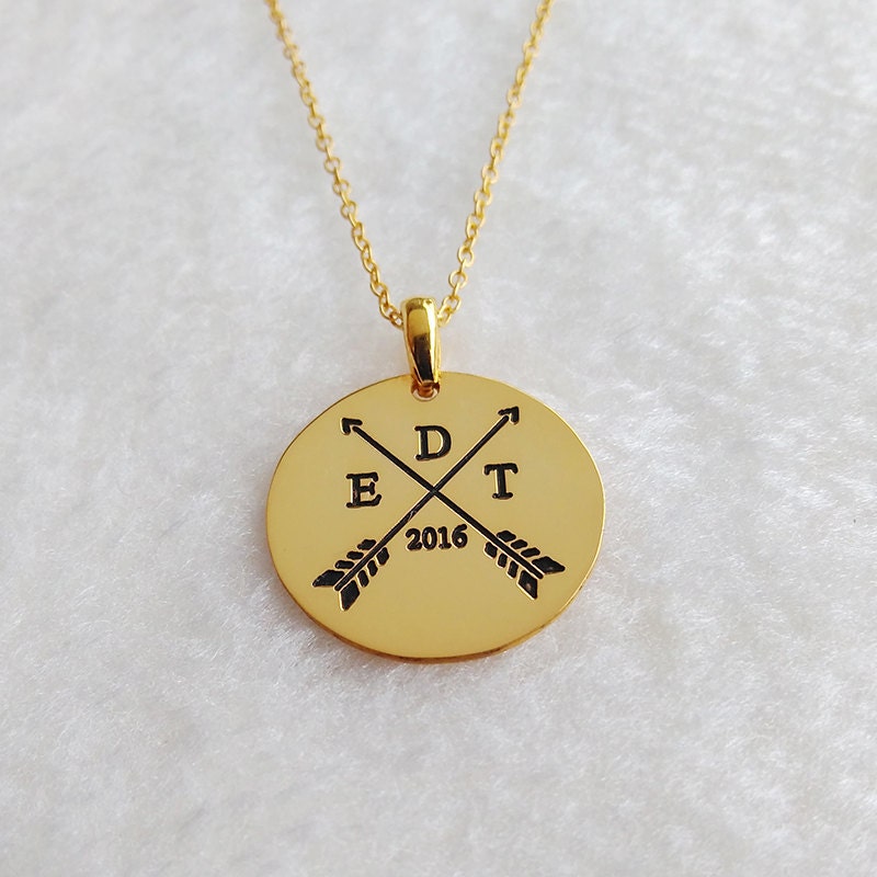 Arrows Date & Initials Necklace, Crossed Wedding Necklace, Celebrity Circle Necklace, Personalized Disc Necklace, Christmas Gift