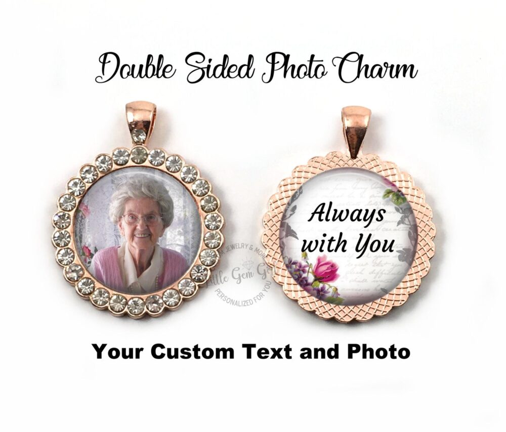 Rose Gold Double Sided Wedding Bouquet Memorial Charm With Custom Text - Rhinestone Personalized Photo in Memory