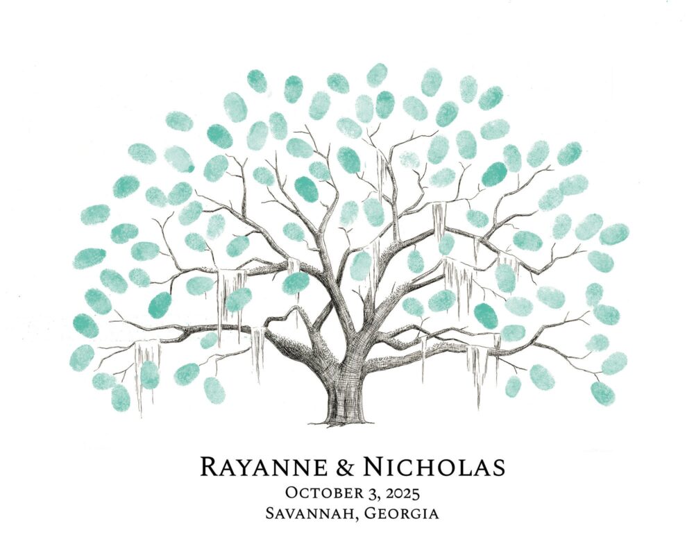 Custom Wedding Guestbook Fingerprint Tree Poster Keepsake/Pen & Ink Drawing Family Thumbprint Art Live Oak