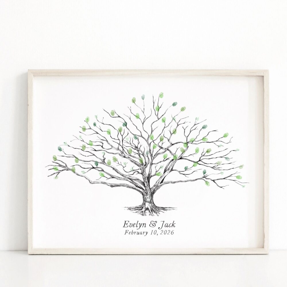 Wedding Guest Book Low Oak Fingerprint Tree With Heart, Boho, Alternative Guestbook, Rustic Wedding, Bridal Shower, Reunion
