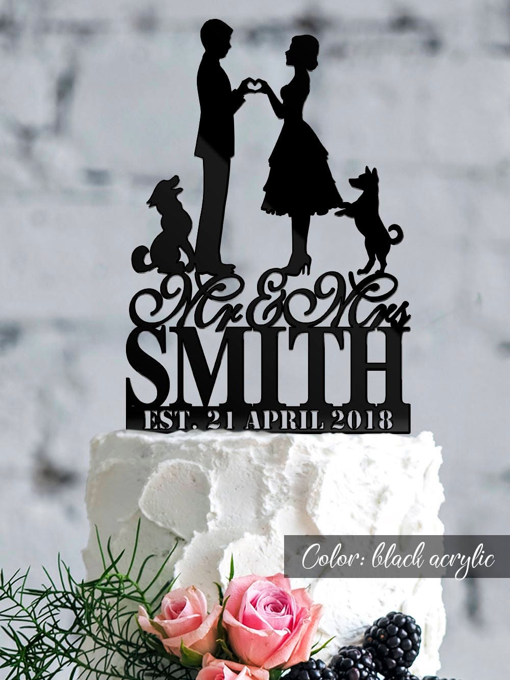Wedding Cake Topper With Bride & Groom Wedding Date. Cake Topper. Custom Silhouette Personalized