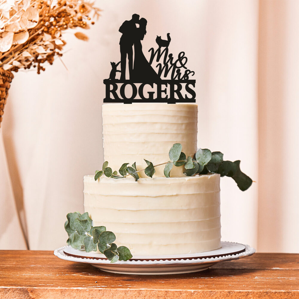 Wedding Silhouette Cake Topper With Cat, Pet Topper, Cat Themed