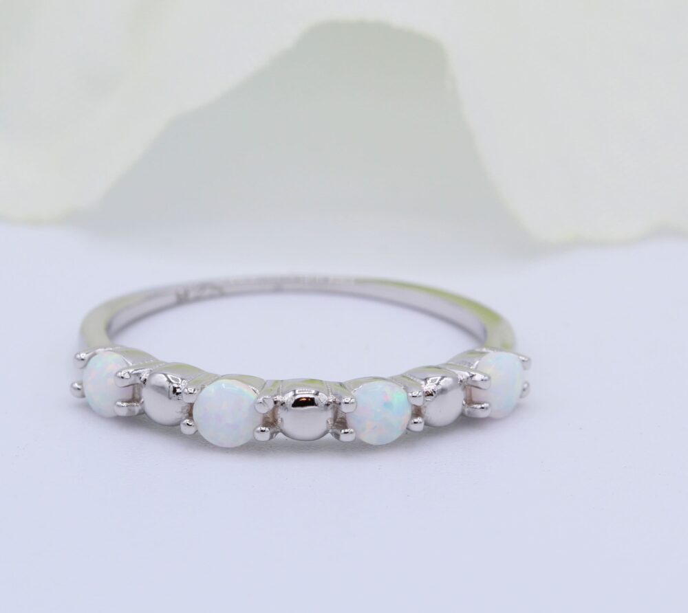 3mm Wedding Beaded Band Lab White Opal 925 Sterling Silver Thumb Ring Blue Eternity Stackable Stacking