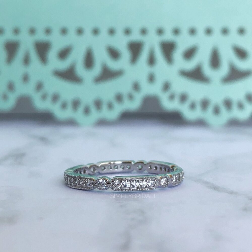 Art Deco Milgrain Wedding Band Eternity Simulated Diamonds Ring Silver Band, Dainty Bridal