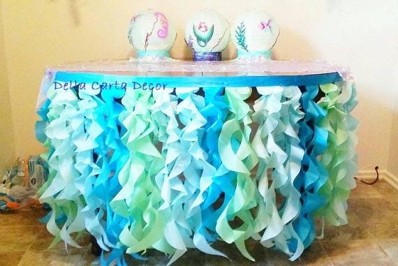 Under The Sea Table Skirt Or Photo Backdrop Tissue Tentacles Satin Ribbon For Ocean Party Shoot Aqua Mint Turquoise Ruffle