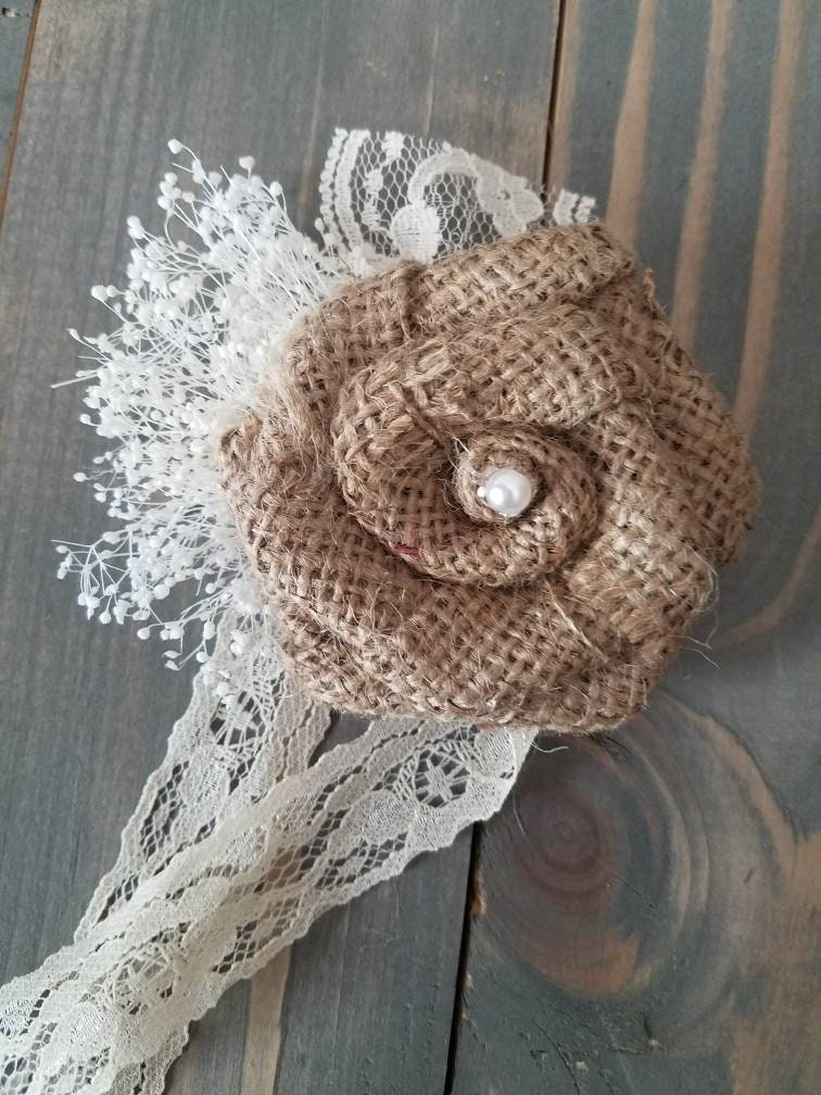 Burlap Corsage, Burlap Rose, Fabric Flower Rustic Wedding, Wristlet, Wrist & Lace