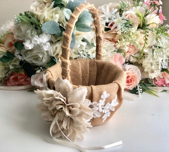 Rustic Flower Girl Basket, Wedding Burlap Shabby Chic Basket
