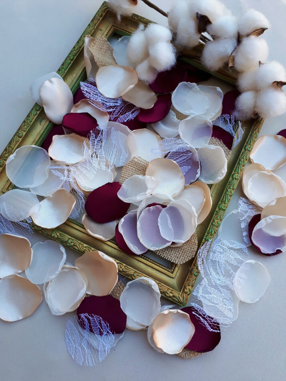 Burgundy Petals, Champagne Rose Tulle, Burlap, Lace Flower Petals Wedding Decor Girl Bridal Shower Fall Wedding