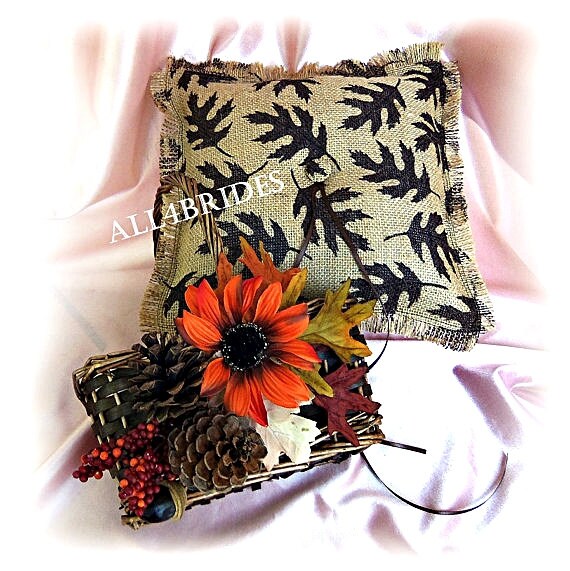 Fall Wedding Burlap Ring Pillow & Flower Basket Set Rustic Autumn Decor