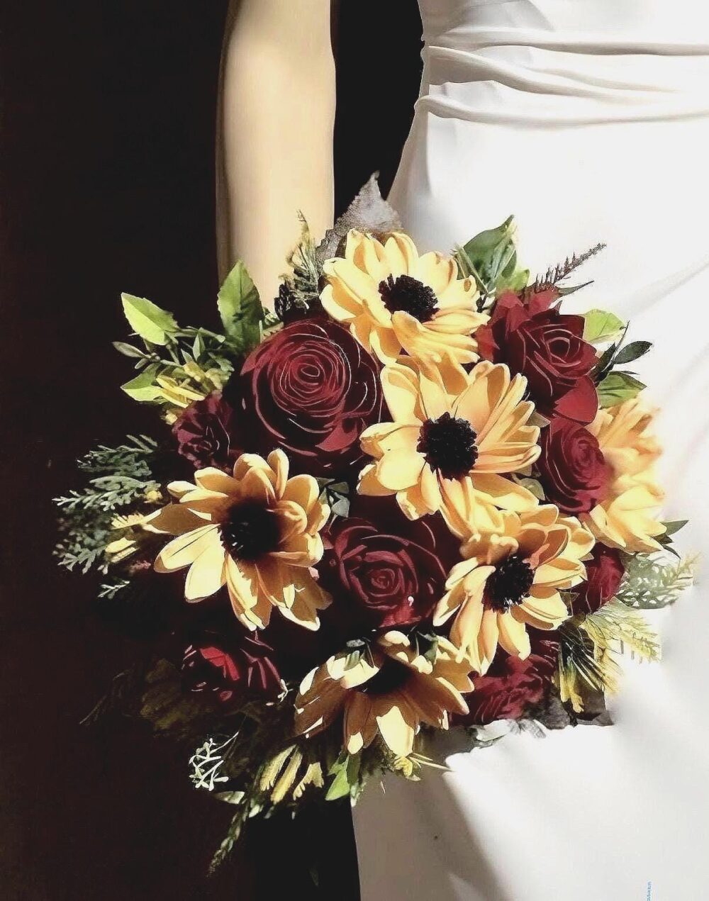 Fall Wedding Sola Wood Flower Bouquet Deep Red Roses & Sunflowers, Burlap Wrap - Sunny