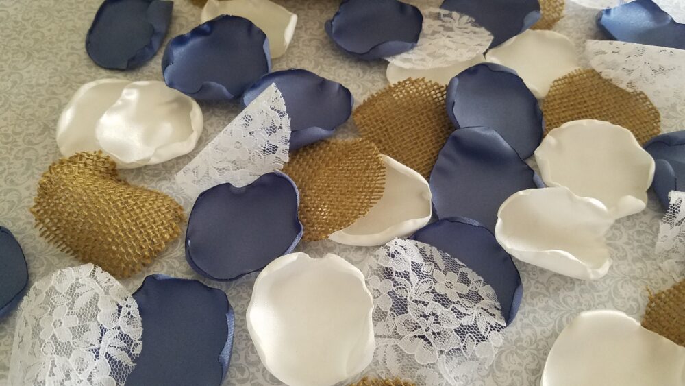 Dusty Blue, Steel Rustic Wedding Decor, Flower Girl Petals, Burlap & Lace, Barn Aisle White Rose Petals Bridal Shower