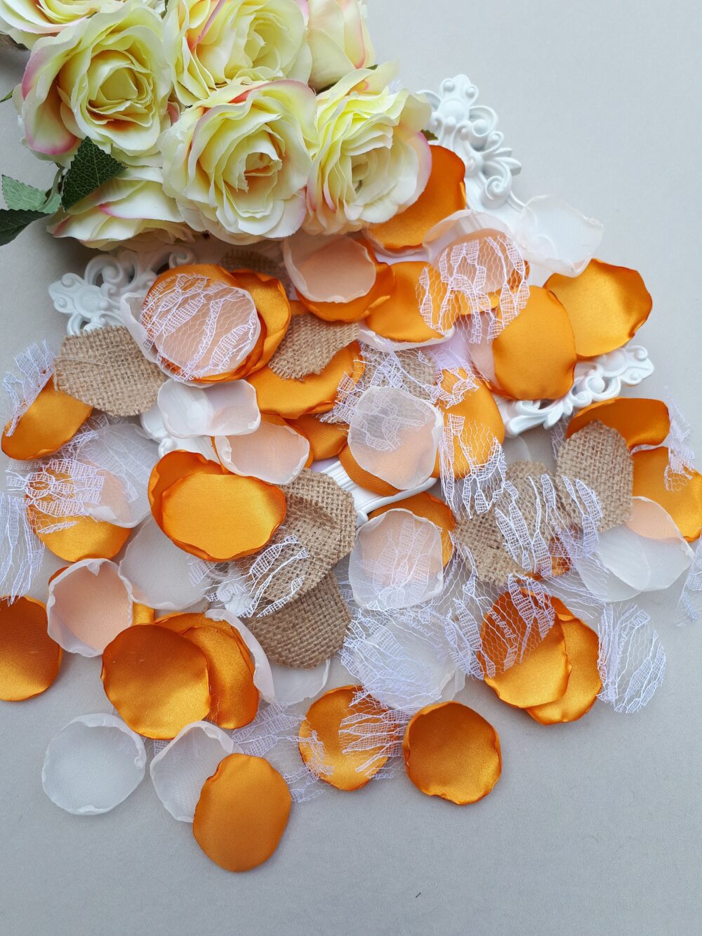 Orange Flower Petals, Transparent Tule, Lace & Burlap Rose Petals Fall Wedding Decorations Country Decor Girl