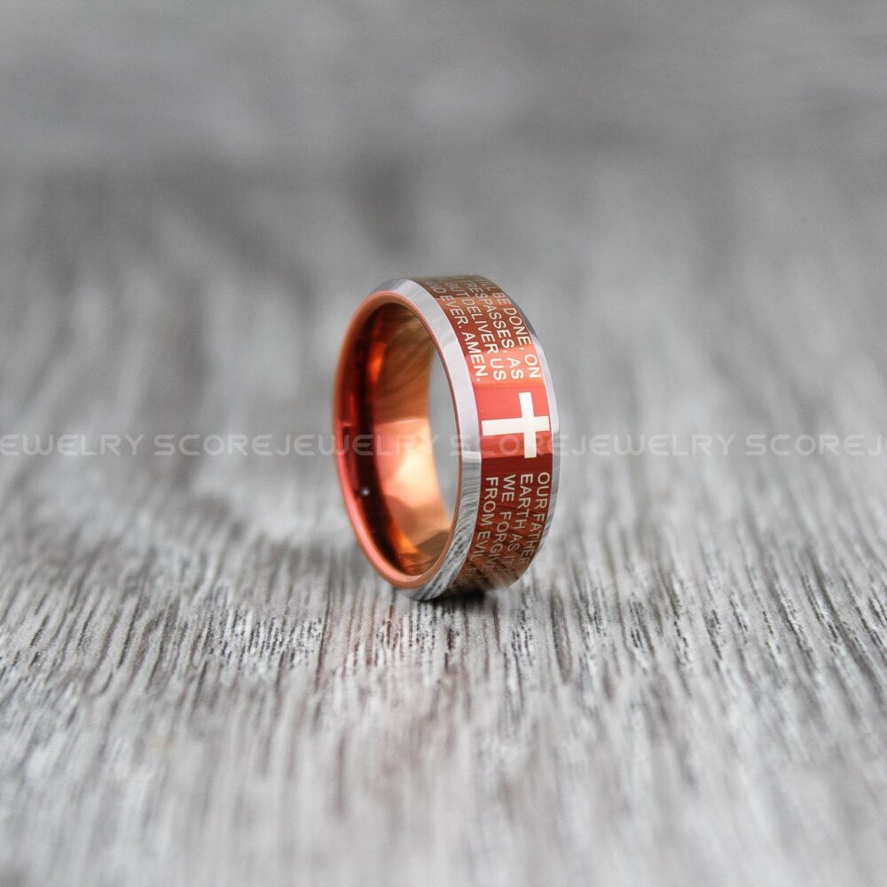 Lord Prayer Ring, Christian Ring Religion 8mm Deep Red Velvet Tungsten Band With Beveled Edge Wedding