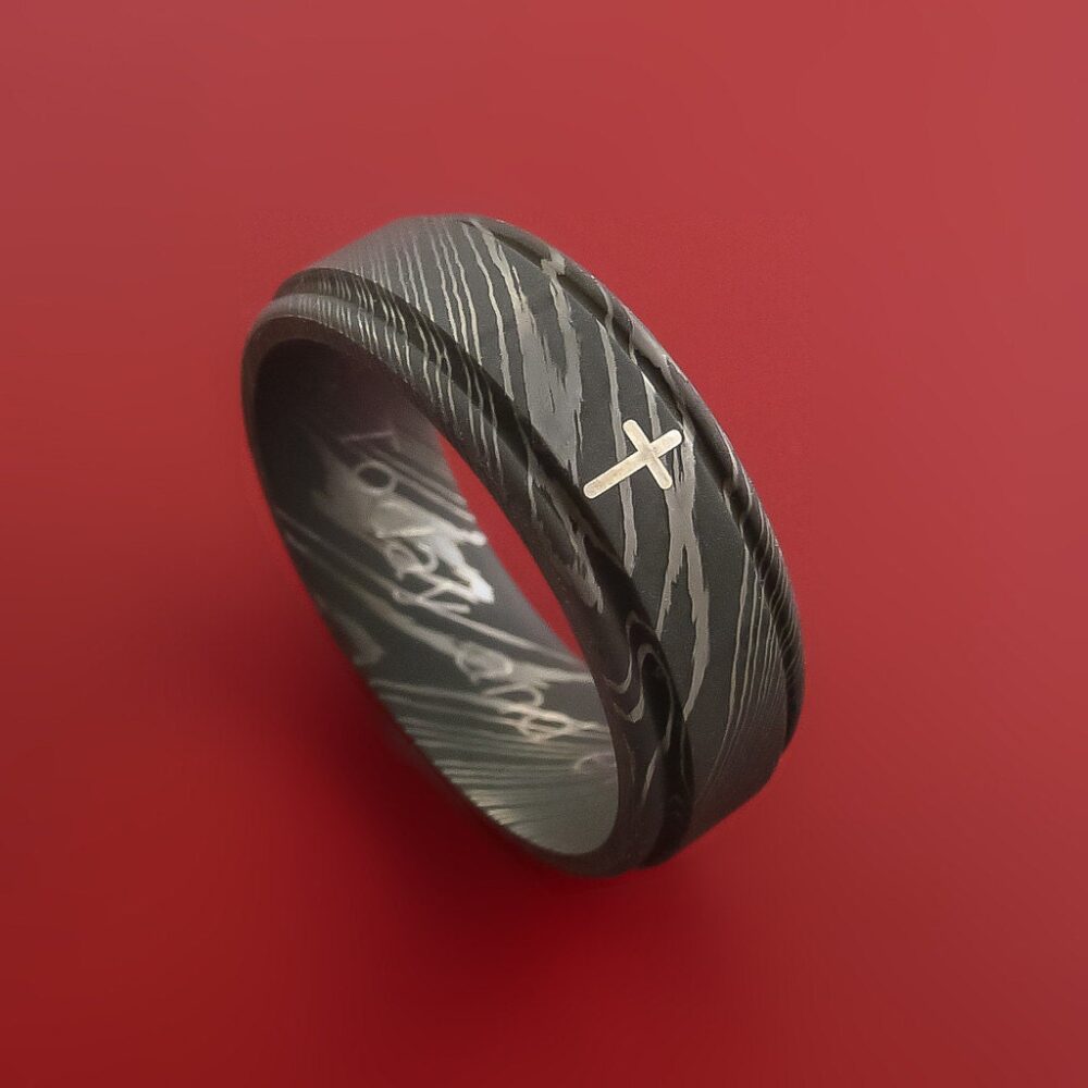 Damascus Steel Christian Ring & Sterling Silver Inlay Wedding Band