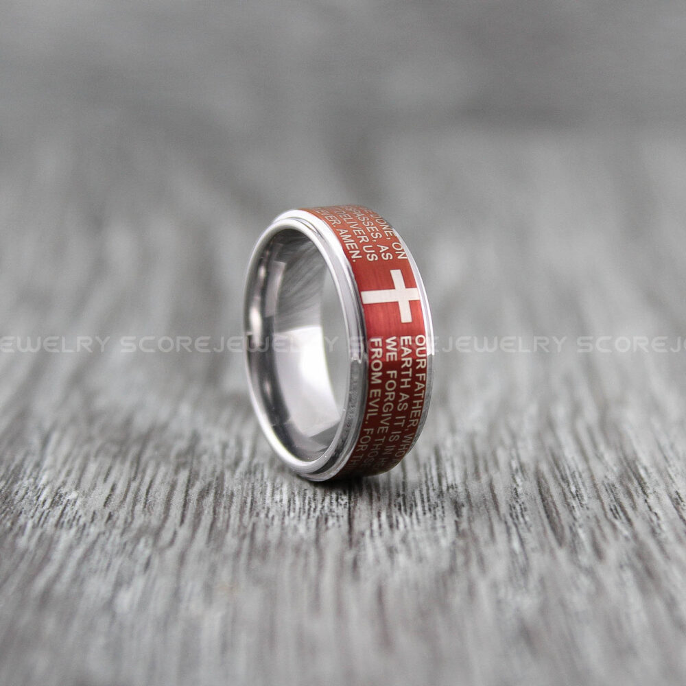 Lord Prayer Ring, Christian Religion 8mm Deep Red Velvet Tungsten Band With Step Edge, Wedding Ring