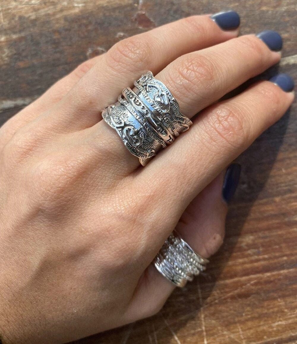 Silver Jewish Spinner Ring, Wide Wedding Hebrew Engraved Filigree Oxide Blessing Bible Boho Ring