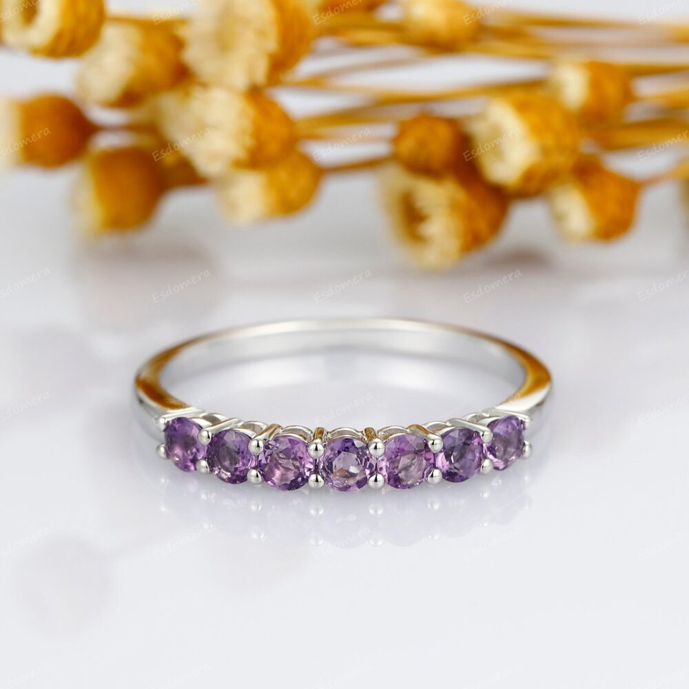 Natural Amethyst Band, Seven Round Cut Stone, Delicate Wedding 14K Rose Gold Engagement Ring, Band