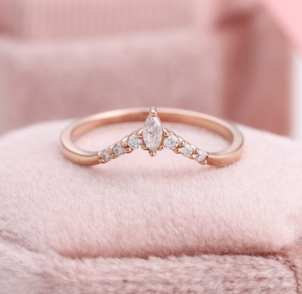 Curved Wedding Band For Halo Ring, Marquise V Shaped Diamond Custom Made Rose Gold Engagement Rings, Engraved Anniversary Rings