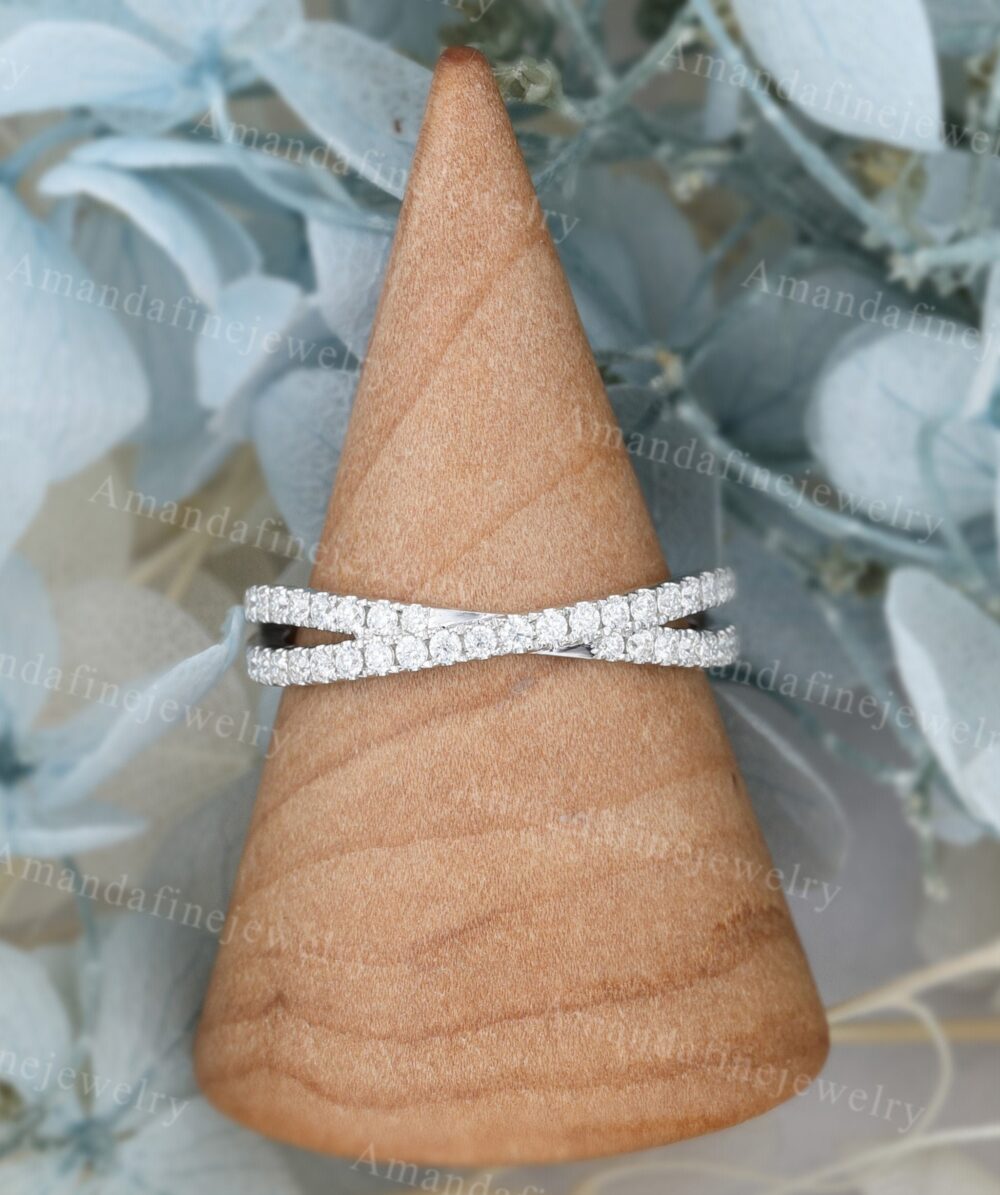 Moissanite Wedding Band Vintage White Gold Cross Women Unique Half Eternity Matching Stacking Ring Bridal Promise Set