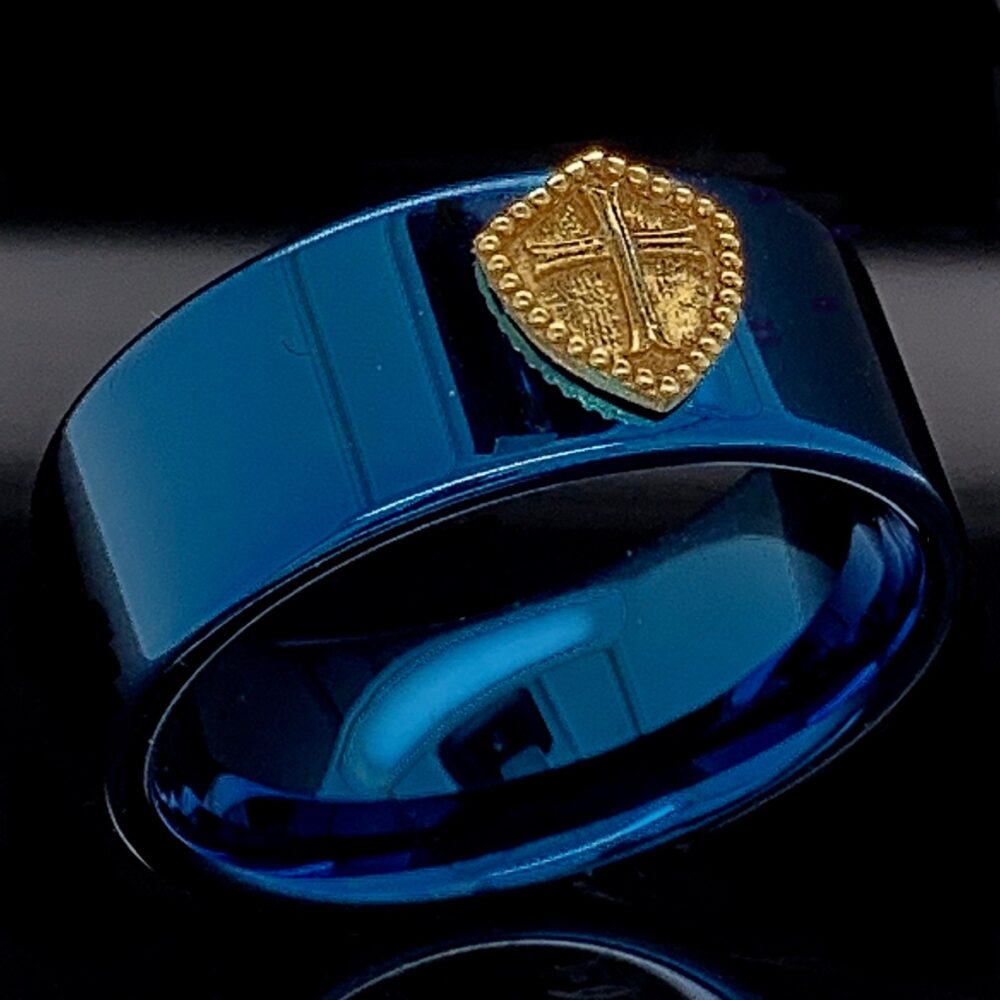 Blue Tungsten Wedding Ring 14K Gold Knight Templar Cross, Masonic Ring