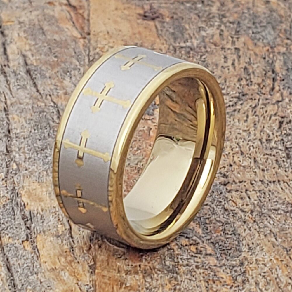 Tungsten Ring, Mens Wedding Band, Gold Tungsten Flat Celtic Knot Ring