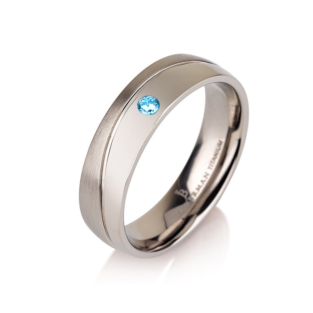 Aquamarine Curved Wedding Ring Band Titanium Half Polished Brushed 6mm "The Wave" Aqua