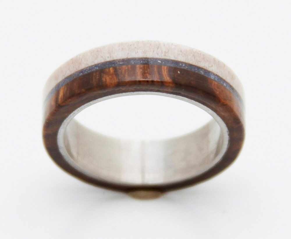 Antler Ring Man Ring Wedding With Antler & Wood Titanium Band Lapis Turquoise Inlay