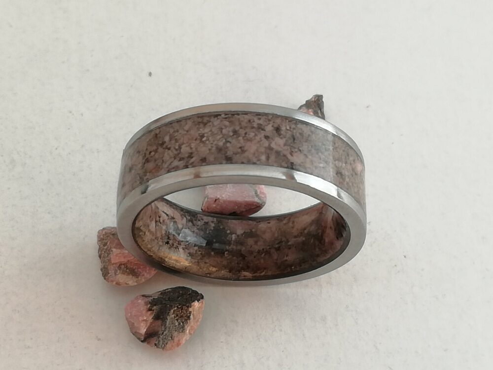 Rhodonite Stone Wedding Ring Raw Gemstone Titanium Band, Unisex 8mm