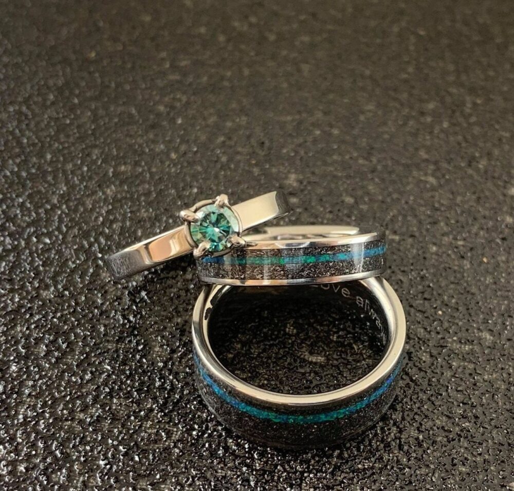 His & Hers Wedding Band Set - Matching Titanium Bands With Meteorite, Opal Moissanite Engagement Ring