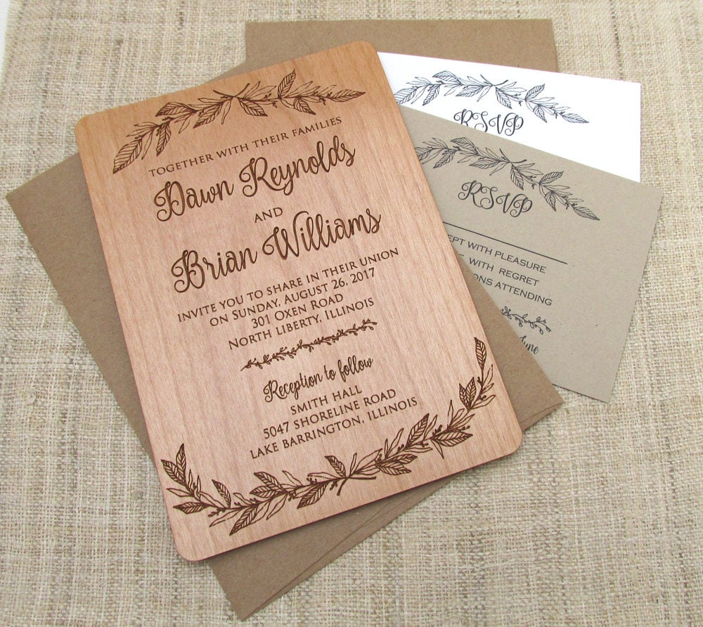 Botanical Wood Wedding Invitation - Floral Flower Real Wooden Invite