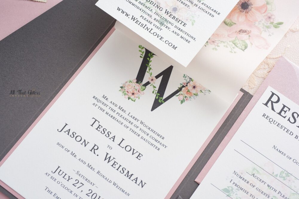 Vellum Wedding Invitations, Initial Flower Invitation, Boho Garden Invite, Invitation With Wrap, Tessa