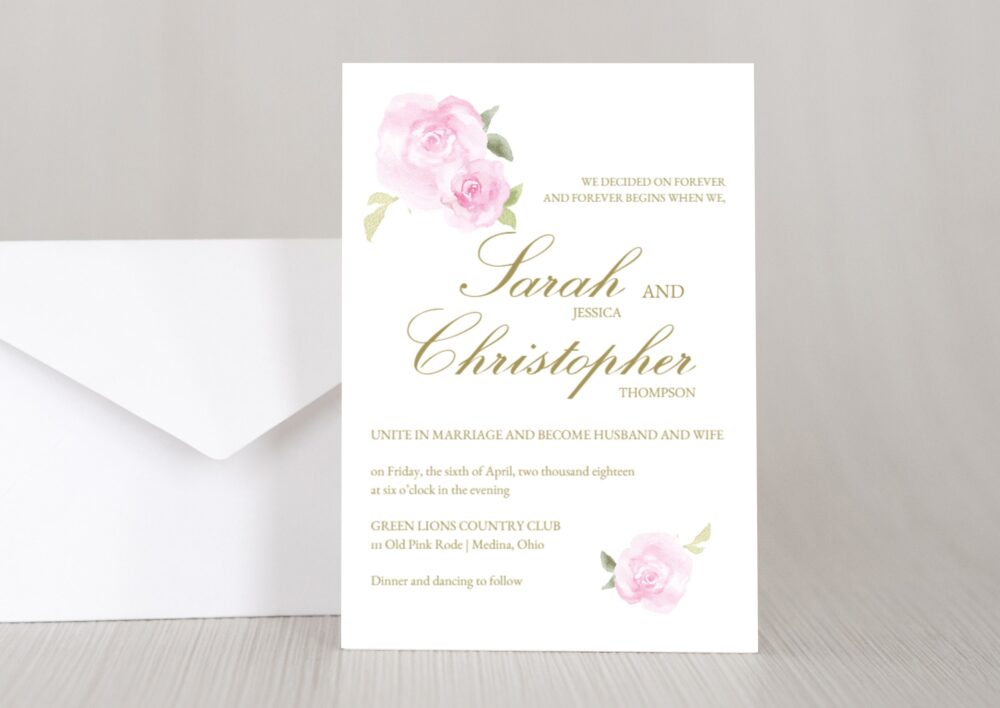 Pritned Wedding Invitation Suite, Rsvp Card, Custom, Elegant, Simple, Botanical, Floral, Gold, Garden, Script, Pink Roses Design