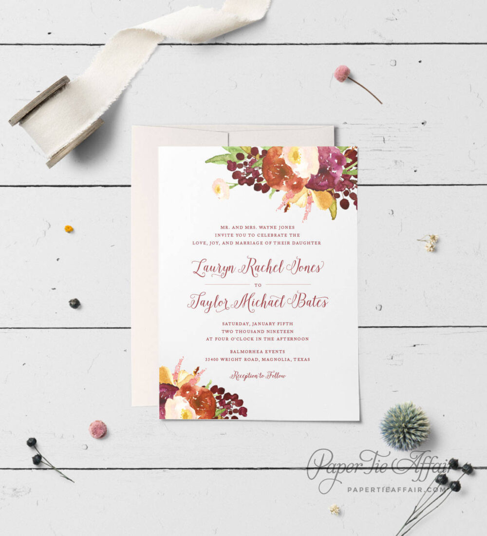 Floral Wedding Invitation Suite, Garden Invitations, Marsala Wedding, Fall Ideas, Botanical, Customizable | Passion