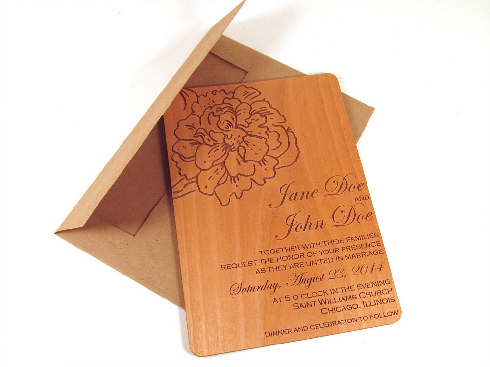 Peony Flower Wooden Wedding Invitation - Floral Real Wood Invite