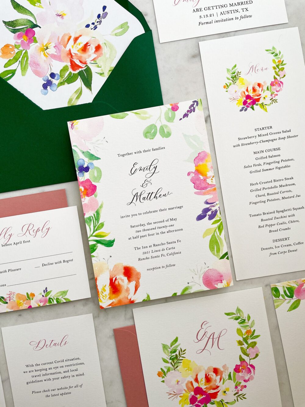 Watercolor Floral Wedding Invitation Set Spring Garden Invites