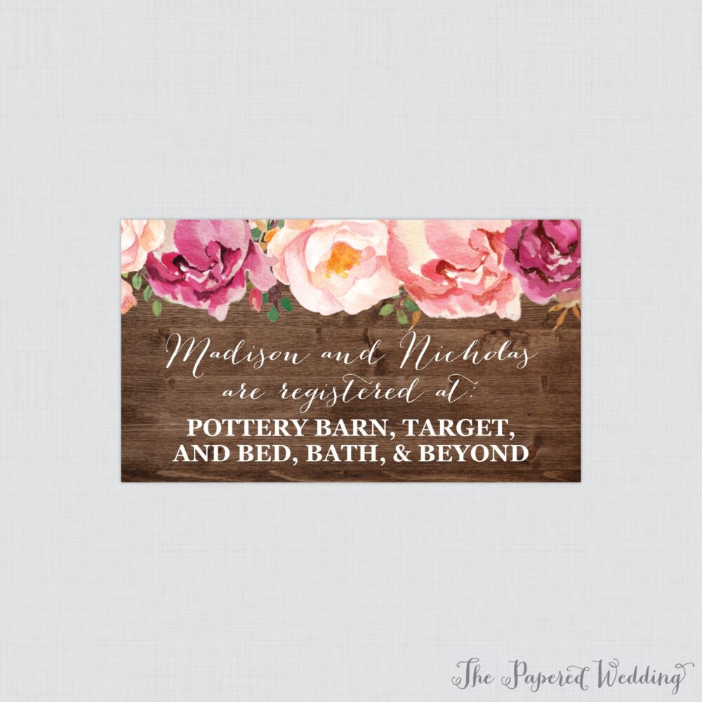 Printable Or Printed Rustic Wedding Registry Cards - Pink Flower Gift Invitation Inserts, Floral Insert 0004-B