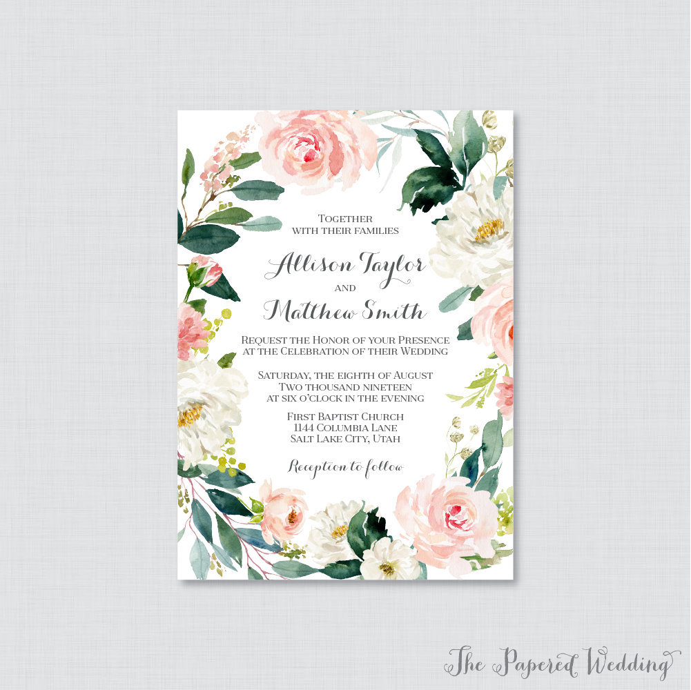 Printable Or Printed Wedding Invitations - Pink Flower Wreath Invitations, Floral Invites, White Green 0017