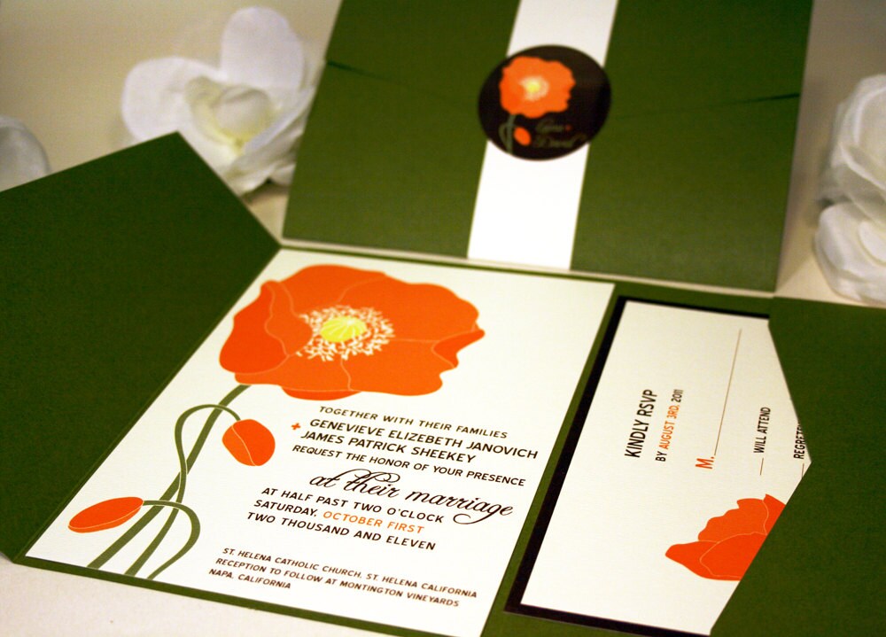 Orange Poppy Wedding Invitation, Green Pocketfold Suite, Floral Invite Set, Red Country Outdoor Destination Flower, Cheap Invitation