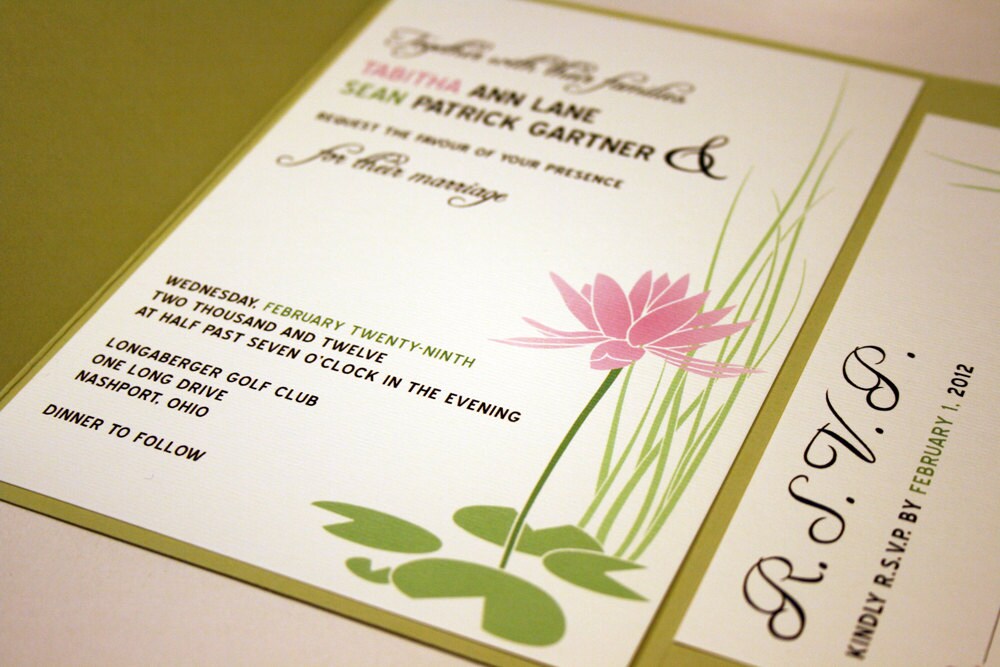 Pink Water Lily Wedding Invitation, Pond Wedding, Lake Flower Outdoor Invitation Suite, Green